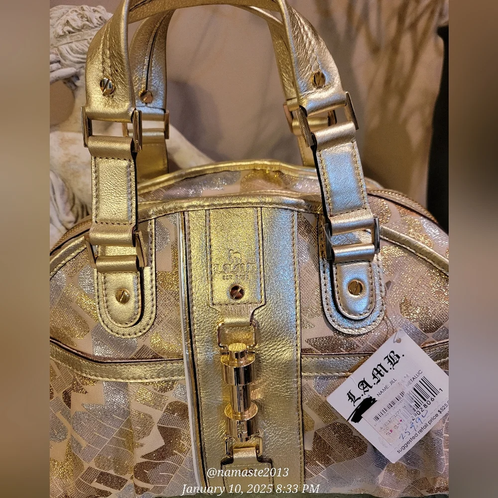 L.A.M.B. Gwen Stefani Gold Glam Jill Satchel Luxury Designer Metalic Leather 81 - Picture 10 of 15